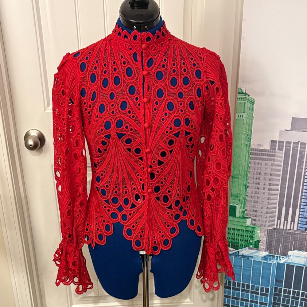 NWOT Chic Red Lace Blouse long sleeve